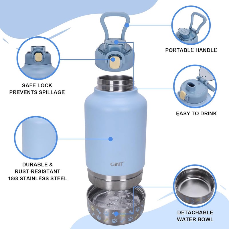 GiNT 37oz Insulated Stainless Steel Dog & Human Water Bottle, All-in-1 Travel Dispenser with Detachable Bowls & Carrying Case, Leak-Proof Pet Canteen for Walking, Hiking, Camping, Car (Blue) - Image 2